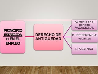 PRINCIPIO
ESTABILIDA
D ENEL
EMPLEO
DERECHO DE
ANTIGUEDAD
Aumento en el
periodo
VACACIONAL
D. PREFERENCIA:
vacantes
D. ASCENSO
 
