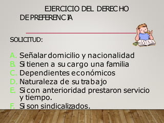 EJERCICIO DEL DERECHO
DEPREFERENCI
A
SOLICITUD:
A. Señalardomicilio y nacionalidad
B. Si tienen a su cargo una familia
C. Dependientes económicos
D. Naturaleza de su trabajo
E. Sicon anterioridad prestaron servicio
y tiempo.
F. Si son sindicalizados.
 