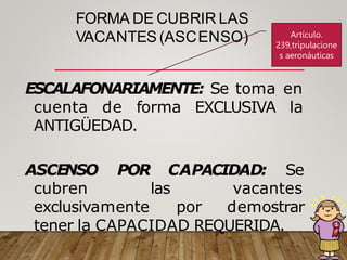 FORMA DE CUBRIR LAS
VACANTES (ASCENSO)
ESCALAFONARIAMENTE: Se toma en
cuenta de forma EXCLUSIVA la
ANTIGÜEDAD.
ASCENSO POR CAPACIDAD: Se
cubren las vacantes
exclusivamente por demostrar
tener la CAPACIDAD REQUERIDA.
Artículo.
239,tripulacione
s aeronáuticas
 