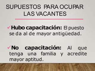 SUPUESTOS PARA OCUPAR
LAS VACANTES
Hubo capacitación: El puesto
se da al de mayor antigüedad.
tenga una familia y
No capacitación: Al que
acredite
mayor aptitud.
 