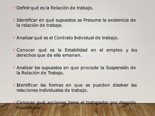 Definirqué es la Relación de trabajo.
Identificar en qué supuestos se Presume la existencia de
la relación de trabajo.
y los
Analizar qué es el Contrato Individual de trabajo.
Conocer qué es la Estabilidad en el empleo
derechos que de ella emanan.
Analizar los supuestos en que procede la Suspensión de
la Relación de Trabajo.
Identificar las formas en que se pueden disolver las
relaciones individuales de trabajo.
Conocer qué acciones tiene el trabajador por despido
injustificado.
 