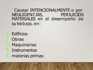  Causar INTENCIONALMENTE o por
NEGLIGENCIAS, PERJUICI
OS
MATERIALES en el desempeño de
su trabajo, en:
1. Edificios
2. Obras
3. Maquinarias
4. Instrumentos
5. materias primas
 