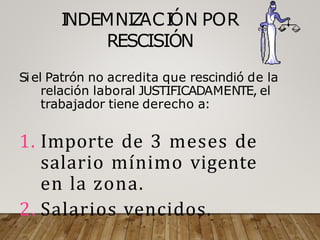 I
NDEMNI
Z
ACI
ÓN POR
RESCISIÓN
Si el Patrón no acredita que rescindió de la
relación laboral JUSTIFICADAMENTE, el
trabajador tiene derecho a:
1. Importe de 3 meses de
salario mínimo vigente
en la zona.
2. Salarios vencidos.
 