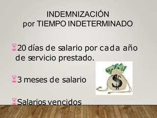 INDEMNIZACIÓN
por TIEMPO INDETERMINADO
20 días de salario por cada año
de servicio prestado.
3 meses de salario
Salarios vencidos
 