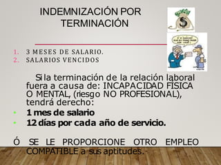 INDEMNIZACIÓN POR
TERMINACIÓN
1. 3 MESES DE SALARIO.
2. SALARIOS VENCIDOS
Si la terminación de la relación laboral
fuera a causa de: INCAPACIDAD FÍSICA
O MENTAL, (riesgo NO PROFESIONAL),
tendrá derecho:
• 1mes de salario
• 12días por cada año de servicio.
Ó SE LE PROPORCIONE OTRO EMPLEO
COMPATIBLE a sus aptitudes.
 