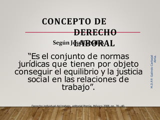 Según José Dávalos
“Es el conjunto de normas
jurídicas que tienen por objeto
conseguir el equilibrio y la justicia
social en las relaciones de
trabajo”.
Derecho individual del trabajo, editorial Porrúa, México 2008, pp. 39 - 40.
CONCEPTO DE
DERECHO
LABORAL
M.D.P.P.
Galindo
Carbajal
Alma.
 