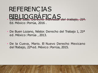 REFERENCIAS
BIBLIOGRÁFICAS
• Dávalos José. Derecho individual del trabajo, 21ª.
Ed. México:Porrúa, 2016 .
• De Buen Lozano, Néstor. Derecho del Trabajo 1, 21ª
ed. México:Porrúa , 2013.
• De la Cueva, Mario. El Nuevo Derecho Mexicano
del T
rabajo, 22ªed. México:Porrúa, 2015.
 