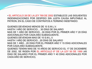 • EL ARTICULO 28 DE LA LEY 789 DE 2002 ESTABLECE LAS SIGUIENTES
INDEMNIZACIONES POR DESPIDO SIN JUSTA CAUSA IMPUTABLE AL
PATRON, EN EL CASO DE CONTRATOS A TERMINO INDEFINIDO:

QUIENES DEVENGAS MENOS DE 10 S.M.L.V.
HASTA 1 AÑO DE SERVICIO… 30 DÍAS DE SALARIO
MAS DE 1 AÑO DE SERVICIO…30 DÍAS POR EL PRIMER AÑO Y 20 DÍAS
ADICIONALES POR CADA AÑO SUBSIGUIENTE.
QUIENES DEVENGAN MAS DE 10 S.M.L.V.
HASTA 1 AÑO DE SERVICIO…20 DÍAS DE SALARIO
MAS DE 1 AÑO…20 DÍAS POR EL PRIMER AÑO Y 15 DÍAS ADICIONALES
POR CADA AÑO SUBSIGUIENTE.
QUIENES TENÍAN MAS DE 10 AÑOS DE SERVICIO EL 17 DE DICIEMBRE
DE 2002, SE RIGEN POR EL ARTICULO 6º DE LA LEY 50 DE 1990 (45
DÍAS DE SALARIO POR EL PRIMER AÑO Y 40 DÍAS ADICIONALES POR
CADA AÑO DE SERVICIO).
 