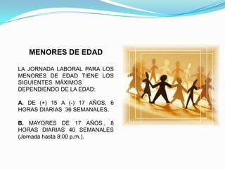 MENORES DE EDAD

LA JORNADA LABORAL PARA LOS
MENORES DE EDAD TIENE LOS
SIGUIENTES MÁXIMOS
DEPENDIENDO DE LA EDAD:

A. DE (+) 15 A (-) 17 AÑOS, 6
HORAS DIARIAS 36 SEMANALES.

B. MAYORES DE 17 AÑOS., 8
HORAS DIARIAS 40 SEMANALES
(Jornada hasta 8:00 p.m.).
 