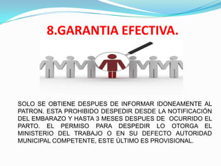 8.GARANTIA EFECTIVA.




SOLO SE OBTIENE DESPUES DE INFORMAR IDONEAMENTE AL
PATRON. ESTA PROHIBIDO DESPEDIR DESDE LA NOTIFICACIÓN
DEL EMBARAZO Y HASTA 3 MESES DESPUES DE OCURRIDO EL
PARTO. EL PERMISO PARA DESPEDIR LO OTORGA EL
MINISTERIO DEL TRABAJO O EN SU DEFECTO AUTORIDAD
MUNICIPAL COMPETENTE, ESTE ÚLTIMO ES PROVISIONAL.
 