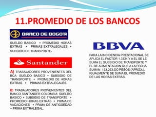 11.PROMEDIO DE LOS BANCOS
      BANCO DE BOGOTA:

SUELDO BASICO + PROMEDIO HORAS
EXTRAS + PRIMAS EXTRALEGALES +               BANCO BBVA:
SUBSIDIO DE TRANSPORTE.
                                    PARA LA INCIDENCIA PRESTACIONAL SE
                                    APLICA EL FACTOR 1.3334 Y A EL SE LE
     BANCO SANTANDER :              SUMA EL SUBSIDIO DE TRANSPORTE Y
                                    EL DE ALIMENTACION QUE A LA FECHA
                                    SUMAN 133.263.OO PESOS (APROX.),
A) TRABAJADORES PROVENIENTES DEL    IGUALMENTE SE SUMA EL PROMEDIO
BCA: SUELDO BASICO + SUBSIDIO DE    DE LAS HORAS EXTRAS.
TRANSPORTE + PROMEDIO DE HORAS
EXTRAS + PRIMAS EXTRALEGALES.

B) TRABAJADORES PROVENIENTES DEL
BANCO SANTANDER COLOMBIA: SUELDO
BASICO + SUBSIDIO DE TRANSPORTE +
PROMEDIO HORAS EXTRAS + PRIMA DE
VACACIONES + PRIMA DE ANTIGÜEDAD
+ PRIMA EXTRALEGAL.
 