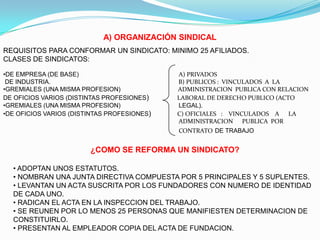 A) ORGANIZACIÓN SINDICAL
REQUISITOS PARA CONFORMAR UN SINDICATO: MINIMO 25 AFILIADOS.
CLASES DE SINDICATOS:

•DE EMPRESA (DE BASE)                        A) PRIVADOS
 DE INDUSTRIA.                               B) PUBLICOS : VINCULADOS A LA
•GREMIALES (UNA MISMA PROFESION)             ADMINISTRACION PUBLICA CON RELACION
DE OFICIOS VARIOS (DISTINTAS PROFESIONES)    LABORAL DE DERECHO PUBLICO (ACTO
•GREMIALES (UNA MISMA PROFESION)             LEGAL).
•DE OFICIOS VARIOS (DISTINTAS PROFESIONES)   C) OFICIALES : VINCULADOS A LA
                                             ADMINISTRACION PUBLICA POR
                                             CONTRATO DE TRABAJO


                        ¿COMO SE REFORMA UN SINDICATO?

  • ADOPTAN UNOS ESTATUTOS.
  • NOMBRAN UNA JUNTA DIRECTIVA COMPUESTA POR 5 PRINCIPALES Y 5 SUPLENTES.
  • LEVANTAN UN ACTA SUSCRITA POR LOS FUNDADORES CON NUMERO DE IDENTIDAD
  DE CADA UNO.
  • RADICAN EL ACTA EN LA INSPECCION DEL TRABAJO.
  • SE REUNEN POR LO MENOS 25 PERSONAS QUE MANIFIESTEN DETERMINACION DE
  CONSTITUIRLO.
  • PRESENTAN AL EMPLEADOR COPIA DEL ACTA DE FUNDACION.
 