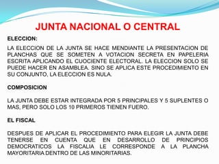 JUNTA NACIONAL O CENTRAL
ELECCION:
LA ELECCION DE LA JUNTA SE HACE MENDIANTE LA PRESENTACION DE
PLANCHAS QUE SE SOMETEN A VOTACION SECRETA EN PAPELERIA
ESCRITA APLICANDO EL CUOCIENTE ELECTORAL. LA ELECCION SOLO SE
PUEDE HACER EN ASAMBLEA. SINO SE APLICA ESTE PROCEDIMIENTO EN
SU CONJUNTO, LA ELECCION ES NULA.

COMPOSICION

LA JUNTA DEBE ESTAR INTEGRADA POR 5 PRINCIPALES Y 5 SUPLENTES O
MAS, PERO SOLO LOS 10 PRIMEROS TIENEN FUERO.

EL FISCAL

DESPUES DE APLICAR EL PROCEDIMIENTO PARA ELEGIR LA JUNTA DEBE
TENERSE EN CUENTA QUE EN DESARROLLO DE PRINCIPIOS
DEMOCRATICOS LA FISCALIA LE CORRESPONDE A LA PLANCHA
MAYORITARIA DENTRO DE LAS MINORITARIAS.
 