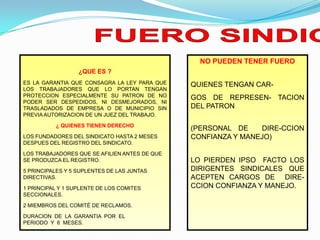 NO PUEDEN TENER FUERO
                  ¿QUE ES ?
ES LA GARANTIA QUE CONSAGRA LA LEY PARA QUE    QUIENES TENGAN CAR-
LOS TRABAJADORES QUE LO PORTAN TENGAN
PROTECCION ESPECIALMENTE SU PATRON DE NO       GOS DE REPRESEN- TACION
PODER SER DESPEDIDOS, NI DESMEJORADOS, NI
TRASLADADOS DE EMPRESA O DE MUNICIPIO SIN      DEL PATRON
PREVIA AUTORIZACION DE UN JUEZ DEL TRABAJO.

          ¿ QUIENES TIENEN DERECHO
                                               (PERSONAL DE    DIRE-CCION
LOS FUNDADORES DEL SINDICATO HASTA 2 MESES     CONFIANZA Y MANEJO)
DESPUES DEL REGISTRO DEL SINDICATO.

LOS TRABAJADORES QUE SE AFILIEN ANTES DE QUE
SE PRODUZCA EL REGISTRO.                       LO PIERDEN IPSO FACTO LOS
5 PRINCIPALES Y 5 SUPLENTES DE LAS JUNTAS      DIRIGENTES SINDICALES QUE
DIRECTIVAS.                                    ACEPTEN CARGOS DE DIRE-
1 PRINCIPAL Y 1 SUPLENTE DE LOS COMITES        CCION CONFIANZA Y MANEJO.
SECCIONALES.

2 MIEMBROS DEL COMITÉ DE RECLAMOS.

DURACION DE LA GARANTIA POR EL
PERIODO Y 6 MESES.
 