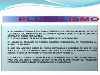A. SE NOMBRA COMISION REDACTORA COMPUESTA POR SENDOS REPRESENTANTES DE
LOS SINDICATOS, EMPLEADOS DE LA EMPRESA QUIENES CUENTAN CON 30 DIAS PARA
ADOPTAR UN PLIEGO POR MAYORÍA.
EL PLIEGO ADOPTADO SE APRUEBA EN ASAMBLEA DE CADA SINDICATO.
EN ASAMBLEA CONJUNTA SE NOMBRA COMISION NEGOCIADORA EN PROPORCION AL
NUMERO DE AFILIADOS
B. SINO HAY ACUERDO SOBRE EL PLIEGO MINTRABAJO A SOLICITUD DE UNO DE LOS
SINDICATOS CITA A ASAMBLEA PARA QUE SINDICALIZADOS POR MAYORÍA ESCOJAN
SINDICATO QUE LOS REPRESENTE (VOTACION SECRETA Y ESCRITA).

C.EL SINDICATO ELEGIDO, COMUNICARA A LOS RESTANTES CON 30 DIAS DE ANTICIPACION,
PARA QUE LOS DEMAS SINDICATOS DENTRO DE LOS 10 DIAS SIGUIENTES, PRESENTEN
PETICIONES, ESTOS ULTIMOS TIENEN DERECHO A 1 ASESOR C/U.
 