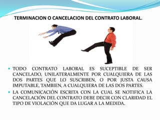 TERMINACION O CANCELACION DEL CONTRATO LABORAL.




 TODO    CONTRATO LABORAL ES SUCEPTIBLE DE SER
  CANCELADO, UNILATERALMENTE POR CUALQUIERA DE LAS
  DOS PARTES QUE LO SUSCRIBEN, O POR JUSTA CAUSA
  IMPUTABLE, TAMBIEN, A CUALQUIERA DE LAS DOS PARTES.
 LA COMUNICACIÓN ESCRITA CON LA CUAL SE NOTIFICA LA
  CANCELACIÓN DEL CONTRATO DEBE DECIR CON CLARIDAD EL
  TIPO DE VIOLACIÓN QUE DA LUGAR A LA MEDIDA.
 
