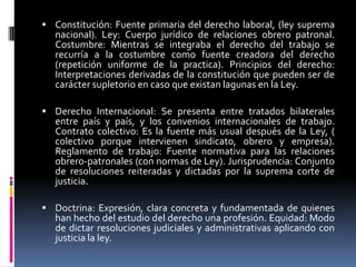  Constitución: Fuente primaria del derecho laboral, (ley suprema
  nacional). Ley: Cuerpo jurídico de relaciones obrero patronal.
  Costumbre: Mientras se integraba el derecho del trabajo se
  recurría a la costumbre como fuente creadora del derecho
  (repetición uniforme de la practica). Principios del derecho:
  Interpretaciones derivadas de la constitución que pueden ser de
  carácter supletorio en caso que existan lagunas en la Ley.

 Derecho Internacional: Se presenta entre tratados bilaterales
  entre país y país, y los convenios internacionales de trabajo.
  Contrato colectivo: Es la fuente más usual después de la Ley, (
  colectivo porque intervienen sindicato, obrero y empresa).
  Reglamento de trabajo: Fuente normativa para las relaciones
  obrero-patronales (con normas de Ley). Jurisprudencia: Conjunto
  de resoluciones reiteradas y dictadas por la suprema corte de
  justicia.

 Doctrina: Expresión, clara concreta y fundamentada de quienes
  han hecho del estudio del derecho una profesión. Equidad: Modo
  de dictar resoluciones judiciales y administrativas aplicando con
  justicia la ley.
 