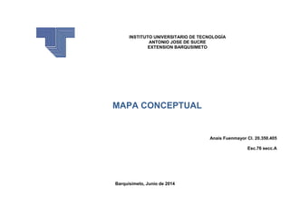 INSTITUTO UNIVERSITARIO DE TECNOLOGÍA
ANTONIO JOSE DE SUCRE
EXTENSION BARQUSIMETO
MAPA CONCEPTUAL
Anais Fuenmayor CI. 20.350.405
Esc.76 secc.A
Barquisimeto, Junio de 2014
 