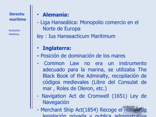 Derecho marítimo Alemania: - Liga Hanseática: Monopolio comercio en el Norte de Europa  ley : Ius Hanseacticum Maritimum Inglaterra: -  Posición de dominación de los mares - Common Law no era un instrumento adecuado para la marina, se  utilizaba The Black Book of the Admiralty, recopilación de  códigos   medievales (Libre del Consulat de mar , Roles de Oleron, etc.) - Navigation Act de Cromwell (1651) Ley de Navegación - Merchant Ship Act(1854) Recoge el núcleo de legislación privada y publica administrativa de la marina mercante Evolución  Histórica. 