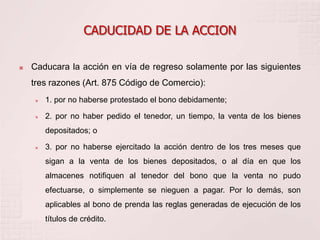 CADUCIDAD DE LA ACCION

   Caducara la acción en vía de regreso solamente por las siguientes
    tres razones (Art. 875 Código de Comercio):
       1. por no haberse protestado el bono debidamente;

       2. por no haber pedido el tenedor, un tiempo, la venta de los bienes
        depositados; o

       3. por no haberse ejercitado la acción dentro de los tres meses que
        sigan a la venta de los bienes depositados, o al día en que los
        almacenes notifiquen al tenedor del bono que la venta no pudo
        efectuarse, o simplemente se nieguen a pagar. Por lo demás, son
        aplicables al bono de prenda las reglas generadas de ejecución de los
        títulos de crédito.
 