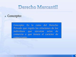Lic. ROSSANA PalaciosOrigen del  DERECHO MERCANTILEDAD ANTIGUADerecho RomanoFEUDALISMOSIGLO XIX Aparición del código de HammurabiDerecho de gente regulaba normasCaída aparece el Derecho MercantilSe impone la codificación en materia mercantil surge el código del comercio en Francia.
