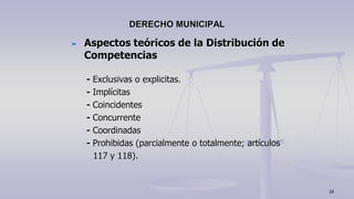 Aspectos teóricos de la Distribución de
Competencias
- Exclusivas o explicitas.
- Implícitas
- Coincidentes
- Concurrente
- Coordinadas
- Prohibidas (parcialmente o totalmente; artículos
117 y 118).
DERECHO MUNICIPAL
19
 