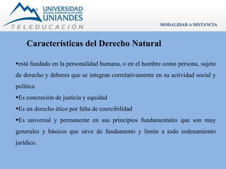 MODALIDAD A DISTANCIA 
Características del Derecho Natural 
está fundado en la personalidad humana, o en el hombre como persona, sujeto 
de derecho y deberes que se integran correlativamente en su actividad social y 
política 
Es concreción de justicia y equidad 
Es un derecho ético por falta de coercibilidad 
Es universal y permanente en sus principios fundamentales que son muy 
generales y básicos que sirve de fundamento y limite a todo ordenamiento 
jurídico. 
 