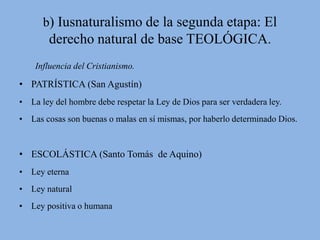 b) Iusnaturalismo de la segunda etapa: El 
derecho natural de base TEOLÓGICA. 
Influencia del Cristianismo. 
• PATRÍSTICA (San Agustín) 
• La ley del hombre debe respetar la Ley de Dios para ser verdadera ley. 
• Las cosas son buenas o malas en sí mismas, por haberlo determinado Dios. 
• ESCOLÁSTICA (Santo Tomás de Aquino) 
• Ley eterna 
• Ley natural 
• Ley positiva o humana 
 