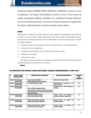 Infrascrito Notario MARIO RENE MENDEZ VASQUEZ, procedo a cerrar
el protocolo a mi cargo correspondiente al año en curso, el cual consta de
treinta instrumentos públicos, divididos así: veintisiete Escrituras Matrices,
dos Acta de Protocolización y una Acta de Toma de Razón de Legalización
de Firmas. Dicho protocolo consta de cuarenta y nueve folios.
INDICE:
Posteriormente a la razón de cierre, debe redactarse el índice, según la Ley guatemalteca, este que antes de
la reforma a la Ley del Timbre y Papel Sellado debía hacerse necesariamente en papel sellado; pero que
ahora se hace en una hoja de papel bond a la que se deben adherir los timbres de ley (Q.1.00); y contendrá
en columnas separadas :
1. El número de orden del instrumento (escritura, acta de protocolación, o razón de legalización);
2. El lugar y fecha de su otorgamiento ;
3. Los nombres de los otorgantes, si fuere el notario, debe anotar su nombre;
4. El objeto del instrumento ;
5. El folio en que se inicia.
En el índice es permitido utilizar cifras y abreviaturas, al final la fecha y la firma del notario, antes de
suscribirlo podrá hacer las observaciones si las hubiere.
Modelo
DEL PROTOCOLO DEL NOTARIO: MARIO RENE MENDEZ VASQUEZ CORRESPONDIENTE AL AÑO 2,000
N
o
LUGAR Y FECHA
ORORGAMIENTO
NOMBRE DE LOS OTORGANTES OBJETO DEL INSTRUMENTO FOLIOS EN
QUE
PRINCIPIA
1 Ciudad de Guatemala
03/07/2,000
-Jorge Luis López Medina
-Sandra Mercedez Sandoval Alarcon
Promesa de Compra Venta 1
2 Ciudad de Guatemala
05/07/2,000
-José Rubén Martínez López Identificación de persona de un
menor de edad
2 v
Ciudad de Guatemala
07/07/2,000 -Héctor Alfredo Rodríguez Gómez
-Amilcar Ernesto Villatoro Romos quién actúa
como Representante Legal Gas Metropolitano
Sociedad Anónima
Compraventa de Bien Inmueble al
Contado
3 v
4 Ciudad de Guatemala
10/07/2,000
-Mirna Beatríz Espino Muñóz
-Julian Arturo Rosales Vega
Compra Venta de Inmueble a
plazos con Garantía Hipotecaria
4 v
5 Ciudad de Guatemala
12/07/2,000
-José Francisco Ramos Alvarado
-Wilson Estuardo López Morales
Compra Venta de Fracción de
Inmueble Urbano.
6 v
6 Ciudad de Guatemala
14/07/2,000
-Manuel de Jesús Matta Orellana
-José Roberto Pinto Sandoval
Compra Venta de Fracción de
Inmueble Rústico
7 v
57
 