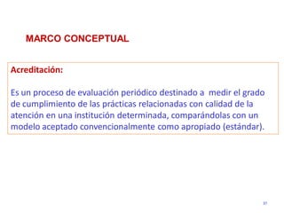 MARCO CONCEPTUAL


Acreditación:

Es un proceso de evaluación periódico destinado a medir el grado
de cumplimiento de las prácticas relacionadas con calidad de la
atención en una institución determinada, comparándolas con un
modelo aceptado convencionalmente como apropiado (estándar).




                                                               37
 