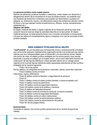 La persona jurídica como sujeto pasivo
Siendo las personas jurídicas sociales o colectivas, entes reales con derechos y
obligaciones dentro de la sociedad en la que se desenvuelven, es evidente que
son titulares de derechos o intereses que pueden ser lesionados o puestos en
peligros, ej. (Calumnia, injuria, y la difamación) éstos tres anteriores atentan contra
el honor y los que atentan contra el patrimonio ej. (Robos, hurtos, apropiaciones
indebidas etc.)
Objetos del delito
El objeto material del delito u objeto material de la infracción penal es todo ente
corporio hacia el cual se dirige la actividad descrita en el tipo penal. El objeto
material personal, es toda persona física viva o muerte consciente o inconsciente
a la que se refiere el comportamiento típico y respecto a la cual se concreta el bien
jurídico tutelado.



                  Bien Jurídico Tutelado en el delito
“JusPuniend” es una facultad que corresponde única y exclusivamente al Estado
que como ente soberano debidamente organizado tiende a la protección de ciertos
valores que son indispensables para el desarrollo y la convivencia social. Desde
otro punto de vista, el objeto jurídico protegido por la norma penal y que resulta
lesionado o puesto en peligro por el sujeto activo, sirve como elemento directriz de
ordenación de las figuras delictivas o tipos penales dentro de un código penal
vigente en el cual las figuras delictivas están agrupadas atendiendo al bien jurídico
protegido de la manera siguiente:
    - Título I de la ley penal
De los delitos y la integridad de la persona, homicidio, aborto, parricidio, lesiones.
    - Título II delitos contra el honor
Calumnias, injuria, difamación.
    - Título III delitos contra la libertad, y seguridad de la persona.
    - Título IV
    - Título V delitos contra el orden jurídico familiar y contra el estado civil.
    - Título VI delitos contra el patrimonio.
    - Título VII delitos contra la seguridad colectiva.
    - Título VIII delitos contra la fe pública y nacional.
    - Título IX delitos de falsedad personal.
    - Título X delitos contra la economía nacional, comercio industria.
    - Título XI delitos contra la seguridad del Estado.
    - Título XII delitos contra el orden institucional.
    - Título XIII delitos contra la administración pública.
    - Título XIV delitos contra la administración de justicia.
    - Título XV de los juegos ilícitos.

Extractividad
Consiste en aplicar una norma jurídica penal fuera de su ámbito temporal de
validez.


SONIA LORAINOS                         2012                                   Página 10
 