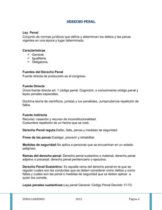 DERECHO PENAL

Ley Penal
Conjunto de normas jurídicos que define y determinan los delitos y las penas
vigentes en una época y lugar determinado.


Características
    General.
    Igualitaria.
    Obligatoria.


Fuentes del Derecho Penal
Fuente directa de producción es el congreso.


Fuente Directa
Única fuente directa art. 1 código penal. Cognición, o conocimiento código penal y
leyes penales especiales.

Doctrina teoría de científicos, juristas y ius penalistas, Jurisprudencia repetición de
fallos.


Fuente Indirecta
Recurso: casación y recurso de inconstitucionalidad.
Costumbre repetición de un hecho que se creó.

Derecho Penal regula:Delito, falta, penas y medidas de seguridad.

Fines de las penas:Castigar, prevenir y rehabilitar.

Medidas de seguridad:Se aplica a personas que se encuentran en un estado
peligroso.

Ramas del derecho penal: Derecho penal sustantivo o material, derecho penal
adjetivo o procesal, derecho penal penitenciario o ejecutivo.

Derecho Penal Sustantivo: Es aquella rama del derecho penal en la que se
regulan cuales son las conductas que se deben considerar como delitos y como
faltas y cuáles son las penal o medidas de seguridad que se deben aplicar a
quien los comete.

Leyes penales sustantivas:Ley penal General: Código Penal Decreto 17-73.



SONIA LORAINOS                         2012                                    Página 4
 
