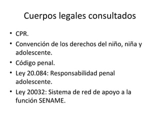 Cuerpos legales consultados 
• CPR. 
• Convención de los derechos del niño, niña y 
adolescente. 
• Código penal. 
• Ley 20.084: Responsabilidad penal 
adolescente. 
• Ley 20032: Sistema de red de apoyo a la 
función SENAME. 
 