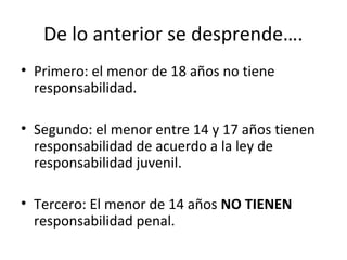 De lo anterior se desprende…. 
• Primero: el menor de 18 años no tiene 
responsabilidad. 
• Segundo: el menor entre 14 y 17 años tienen 
responsabilidad de acuerdo a la ley de 
responsabilidad juvenil. 
• Tercero: El menor de 14 años NO TIENEN 
responsabilidad penal. 
 