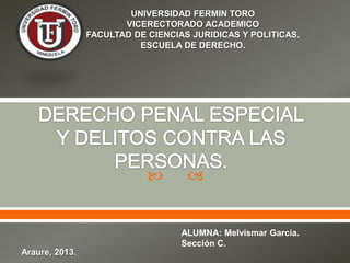  
UNIVERSIDAD FERMIN TORO
VICERECTORADO ACADEMICO
FACULTAD DE CIENCIAS JURIDICAS Y POLITICAS.
ESCUELA DE DERECHO.
ALUMNA: Melvismar García.
Sección C.
Araure, 2013.
 