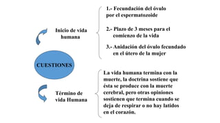 Inicio de vida 
humana 
1.- Fecundación del óvulo 
por el espermatozoide 
2.- Plazo de 3 meses para el 
comienzo de la vida 
3.- Anidación del óvulo fecundado 
en el útero de la mujer 
Término de 
vida Humana 
La vida humana termina con la 
muerte, la doctrina sostiene que 
ésta se produce con la muerte 
cerebral, pero otras opiniones 
sostienen que termina cuando se 
deja de respirar o no hay latidos 
en el corazón. 
CUESTIONES 
 