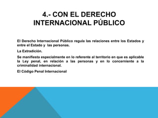 4.- CON EL DERECHO
INTERNACIONAL PÚBLICO
El Derecho Internacional Público regula las relaciones entre los Estados y
entre el Estado y las personas.
La Extradición.
Se manifiesta especialmente en lo referente al territorio en que es aplicable
la Ley penal, en relación a las personas y en lo concerniente a la
criminalidad internacional.
El Código Penal Internacional
 