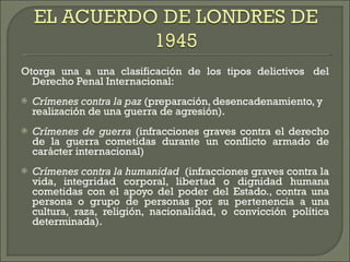 Otorga una a una clasificación de los tipos delictivos  del Derecho Penal Internacional:  Crímenes contra la paz  (preparación, desencadenamiento, y realización de una guerra de agresión). Crímenes de guerra  (infracciones graves contra el derecho de la guerra cometidas durante un conflicto armado de carácter internacional) Crímenes contra la humanidad   (infracciones graves contra la vida, integridad corporal, libertad o dignidad humana cometidas con el apoyo del poder del Estado., contra una persona o grupo de personas por su pertenencia a una cultura, raza, religión, nacionalidad, o convicción política determinada). 