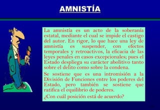 AMNISTÍA
La amnistía es un acto de la soberanía
estatal, mediante el cual se impide el castigo
del autor. En rigor, lo que hace una ley de
amnistía es suspender, con efectos
temporales y retroactivos, la eficacia de las
leyes penales en casos excepcionales; pues el
Estado despliega su carácter abolitivo tanto
sobre el delito como sobre la condena.
Se sostiene que es una intromisión a la
División de Funciones entre los poderes del
Estado, pero también se sostiene que
ratifica el equilibrio de poderes.
¿Con cuál posición está de acuerdo?
115

 