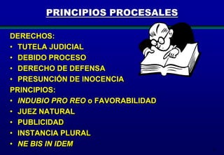 PRINCIPIOS PROCESALES
DERECHOS:
• TUTELA JUDICIAL
• DEBIDO PROCESO
• DERECHO DE DEFENSA
• PRESUNCIÓN DE INOCENCIA
PRINCIPIOS:
• INDUBIO PRO REO o FAVORABILIDAD
• JUEZ NATURAL
• PUBLICIDAD
• INSTANCIA PLURAL
• NE BIS IN IDEM
13

 