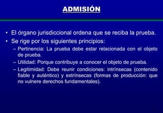 ADMISIÓN
• El órgano jurisdiccional ordena que se reciba la prueba.
• Se rige por los siguientes principios:
– Pertinencia: La prueba debe estar relacionada con el objeto
de prueba.
– Utilidad: Porque contribuye a conocer el objeto de prueba.
– Legitimidad: Debe reunir condiciones: intrínsecas (contenido
fiable y auténtico) y extrínsecas (formas de producción: que
no vulnere derechos fundamentales).

131

 