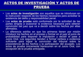 ACTOS DE INVESTIGACIÓN Y ACTOS DE
PRUEBA
• Los actos de investigación son aquellos que se introducen en
la instrucción respecto de los hechos necesarios para acreditar la
existencia del delito y responsabilidad penal.
• Los actos de prueba está conformada por la actividad de las
partes dirigida a ocasionar la evidencia necesaria para obtener
convicción del juez que va a decidir sobre los hechos por ellas
afirmados.
• La diferencia estriba en que los primeros tienen por misión
introducir los hechos en el proceso y formar en el juez el juicio de
probabilidad para disponer la imputación y decidir el pase a
Juicio Oral. Los segundos tienden a formar certeza o evidencia
suficiente para lograr la convicción del tribunal sobre la
preexistencia de los hechos y la participación del acusado. Los
actos de prueba únicamente transcurren en el Juicio Oral, con
excepción de la prueba anticipada.
138

 