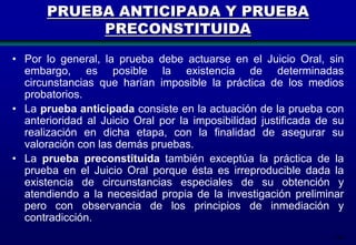 PRUEBA ANTICIPADA Y PRUEBA
PRECONSTITUIDA
• Por lo general, la prueba debe actuarse en el Juicio Oral, sin
embargo, es posible la existencia de determinadas
circunstancias que harían imposible la práctica de los medios
probatorios.
• La prueba anticipada consiste en la actuación de la prueba con
anterioridad al Juicio Oral por la imposibilidad justificada de su
realización en dicha etapa, con la finalidad de asegurar su
valoración con las demás pruebas.
• La prueba preconstituida también exceptúa la práctica de la
prueba en el Juicio Oral porque ésta es irreproducible dada la
existencia de circunstancias especiales de su obtención y
atendiendo a la necesidad propia de la investigación preliminar
pero con observancia de los principios de inmediación y
contradicción.
140

 