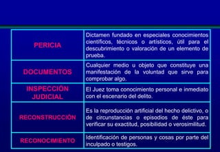 PERICIA

Dictamen fundado en especiales conocimientos
científicos, técnicos o artísticos, útil para el
descubrimiento o valoración de un elemento de
prueba.

DOCUMENTOS

Cualquier medio u objeto que constituye una
manifestación de la voluntad que sirve para
comprobar algo.

INSPECCIÓN
JUDICIAL

El Juez toma conocimiento personal e inmediato
con el escenario del delito.

RECONSTRUCCIÓN

Es la reproducción artificial del hecho delictivo, o
de circunstancias o episodios de éste para
verificar su exactitud, posibilidad o verosimilitud.

RECONOCIMIENTO

Identificación de personas y cosas por parte del
inculpado o testigos.
144

 