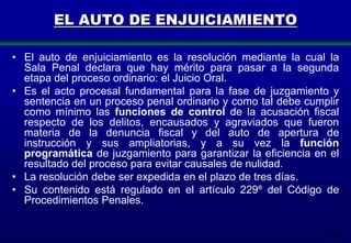 EL AUTO DE ENJUICIAMIENTO
• El auto de enjuiciamiento es la resolución mediante la cual la
Sala Penal declara que hay mérito para pasar a la segunda
etapa del proceso ordinario: el Juicio Oral.
• Es el acto procesal fundamental para la fase de juzgamiento y
sentencia en un proceso penal ordinario y como tal debe cumplir
como mínimo las funciones de control de la acusación fiscal
respecto de los delitos, encausados y agraviados que fueron
materia de la denuncia fiscal y del auto de apertura de
instrucción y sus ampliatorias, y a su vez la función
programática de juzgamiento para garantizar la eficiencia en el
resultado del proceso para evitar causales de nulidad.
• La resolución debe ser expedida en el plazo de tres días.
• Su contenido está regulado en el artículo 229º del Código de
Procedimientos Penales.

164

 