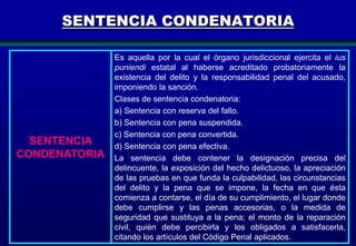 SENTENCIA CONDENATORIA

SENTENCIA
CONDENATORIA

Es aquella por la cual el órgano jurisdiccional ejercita el ius
puniendi estatal al haberse acreditado probatoriamente la
existencia del delito y la responsabilidad penal del acusado,
imponiendo la sanción.
Clases de sentencia condenatoria:
a) Sentencia con reserva del fallo.
b) Sentencia con pena suspendida.
c) Sentencia con pena convertida.
d) Sentencia con pena efectiva.
La sentencia debe contener la designación precisa del
delincuente, la exposición del hecho delictuoso, la apreciación
de las pruebas en que funda la culpabilidad, las circunstancias
del delito y la pena que se impone, la fecha en que ésta
comienza a contarse, el día de su cumplimiento, el lugar donde
debe cumplirse y las penas accesorias, o la medida de
seguridad que sustituya a la pena; el monto de la reparación
civil, quién debe percibirla y los obligados a satisfacerla,
citando los artículos del Código Penal aplicados.
180

 