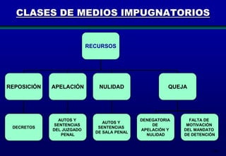 CLASES DE MEDIOS IMPUGNATORIOS

RECURSOS

REPOSICIÓN

APELACIÓN

NULIDAD

DECRETOS

AUTOS Y
SENTENCIAS
DEL JUZGADO
PENAL

AUTOS Y
SENTENCIAS
DE SALA PENAL

QUEJA

DENEGATORIA
DE
APELACIÓN Y
NULIDAD

FALTA DE
MOTIVACIÓN
DEL MANDATO
DE DETENCIÓN

189

 