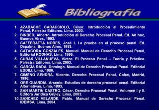 1. AZABACHE CARACCIOLO, César. Introducción al Procedimiento
Penal, Palestra Editores, Lima, 2003.
2. BINDER, Alberto. Introducción al Derecho Procesal Penal. Ed. Ad hoc,
Buenos Aires, 1993.
3. CAFFERATTA NORES, José I. La prueba en el proceso penal. Ed.
Depalma, Buenos Aires, 1988.
4. CATACORA GONZALES, Manuel. Manual de Derecho Procesal Penal,
Editorial RODHAS, Lima, 1996.
5. CUBAS VILLANUEVA, Víctor. El Proceso Penal – Teoría y Práctica.
Palestra Editores, Lima, 2003.
6. GARCÍA RADA, Domingo. Manual de Derecho Procesal Penal. Editorial
EDDILI, Lima, 1980.
7. GIMENO SENDRA, Vicente. Derecho Procesal Penal. Colex, Madrid,
1996.
8. ORÉ GUARDIA, Arsenio. Estudios de derecho procesal penal. Editorial
Alternativas, Lima, 1993.
9. SAN MARTIN CASTRO, César. Derecho Procesal Penal, Volumen I y II.
Editora Jurídica Grijley, Lima, 2003.
10. SÁNCHEZ VELARDE, Pablo. Manual de Derecho Procesal Penal.
IDEMSA, Lima, 2004.
224

 