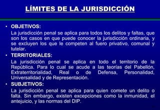 LÍMITES DE LA JURISDICCIÓN
• OBJETIVOS:
La jurisdicción penal se aplica para todos los delitos y faltas, que
son los casos en que puede conocer la jurisdicción ordinaria, y
se excluyen los que le competen al fuero privativo, comunal y
tutelar.
• TERRITORIALES:
La jurisdicción penal se aplica en todo el territorio de la
República. Para lo cual se acude a las teorías del Pabellón,
Extraterritorialidad, Real o de Defensa, Personalidad,
Universalidad y de Representación.
• SUBJETIVOS:
La jurisdicción penal se aplica para quien comete un delito o
falta. Sin embargo, existen excepciones como la inmunidad, el
antejuicio, y las normas del DIP.
30

 