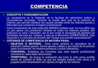 COMPETENCIA
• CONCEPTO Y FUNDAMENTACIÓN
La competencia es la limitación de la facultad de administrar justicia a
circunstancias concretas. También se puede decir que es el conjunto de
criterios que permite distribuir las causas penales entre los distintos jueces y
tribunales que componen el órgano jurisdiccional.
Como fundamento de esta institución BINDER sostiene que “es muy difícil que
un juez ejerza una jurisdicción ilimitada en todas las materias posibles, ello
originaría un caos y desorden, por lo que surge la necesidad de delimitar las
facultades del juez por criterios, a esto se le denomina COMPETENCIA. Esto
responde a un principio de División del Trabajo que permite especialización”.
• CRITERIOS DE COMPETENCIA EN MATERIA PENAL
– OBJETIVA O MATERIAL: Tiene como ámbitos la naturaleza de la
infracción (delitos graves, menos graves y faltas) y por razón de la persona
(altos funcionarios, de mediana jerarquía y juicios ordinarios).
– FUNCIONAL: Establece las funciones que cada órgano jurisdiccional
conocerá en cada etapa del proceso.
– TERRITORIAL: Se busca la realización del juicio lo más cerca posible
donde se cometió el delito ya que los testigos estarán más cerca y el
juzgado podrá desplazarse con rapidez al lugar de los hechos.
32

 